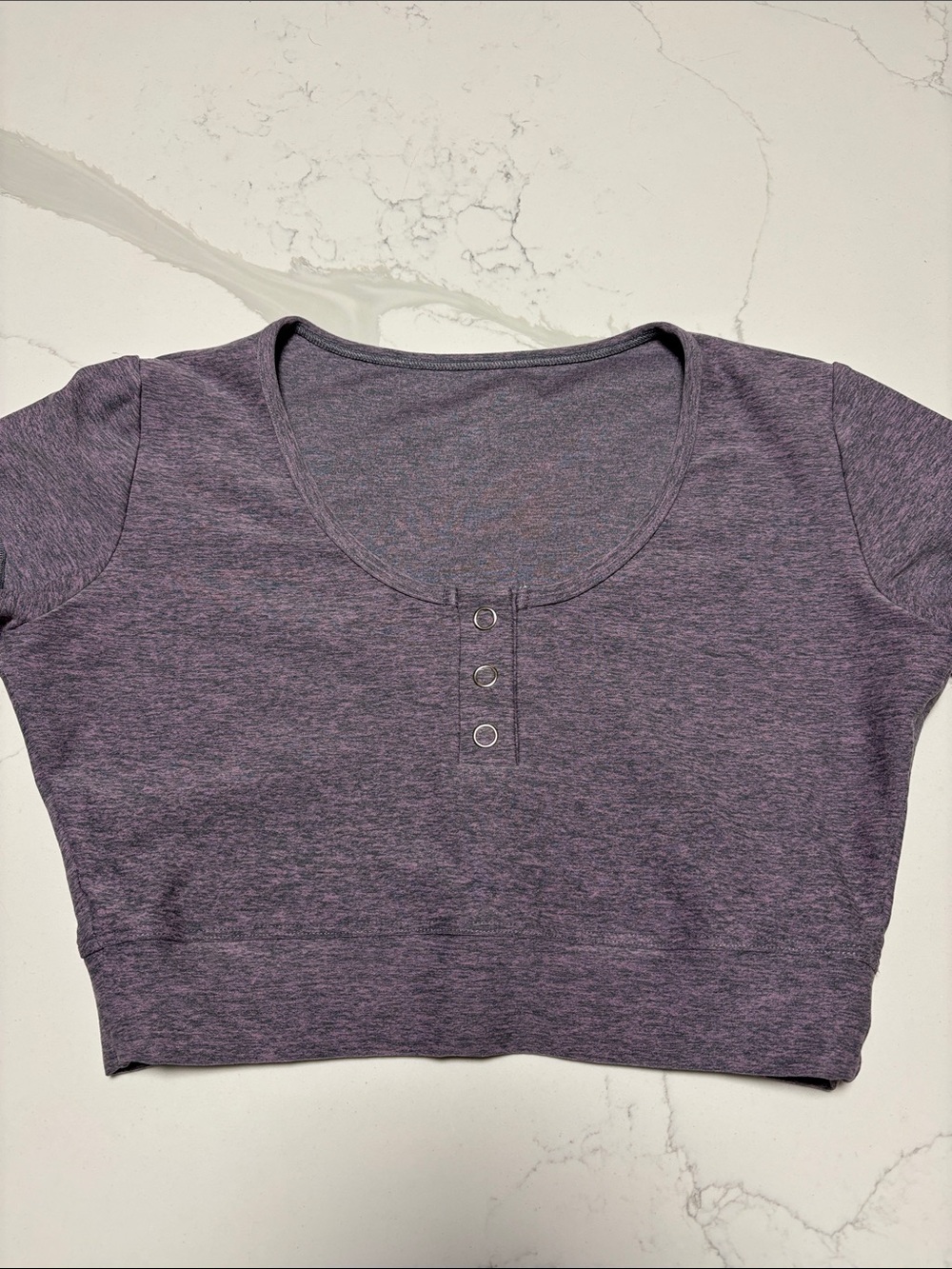 Bombshell Sportswear Heather Purple Scoop Neck Crop Top with Button Placket